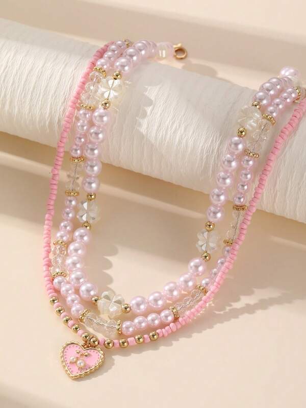 NAIZHU 3pcs Kids Flower Heart Faux Pearl Multi-Layer Beaded Stackable Necklace Suitable For Daily And Party Wear