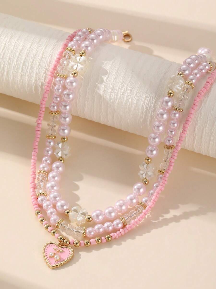 NAIZHU 3件組兒童花朵愛心仿珍珠多層串珠可疊戴項鍊，適合日常與派對穿著 - 彩色 - 查看 1