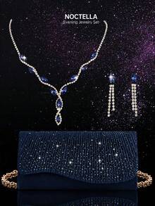 Noctella Shiny Rhinestone Women's Envelope Clutch Evening Bag, Luxury Women's Party Shoulder Bag Ball Bag, Paired With Shiny Rhinestone Pendant 2 Pieces Set, Rhinestone Pendant Necklace, Earrings, Suitable For Party, Gathering, Evening Banquet, Ball - Navy Blue - View 12