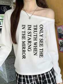 Kaos Lengan Panjang Wanita, Bahan Poliester Putih, Gaya Desain, Menampilkan Tampilan Kasual - Putih - View 3