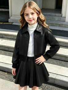 Galaxy Graffiti 4-7 Years Old Girls 2-Piece Outfit Set, Lapel Zipper Motorcycle Jacket + A-Line Pleated Mini Skirt, Cool Street Style, Suitable For Daily Wear, Party And Stage - Black - View 3