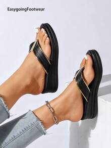 Women's Woven Texture Gold Patchwork Thong Slide Sandals, Lightweight Thick Sole Height-Increasing Comfortable Summer Essential - Black - View 6