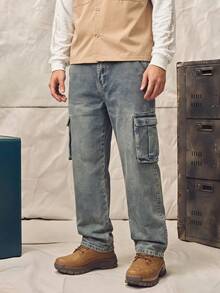Norleigh Men's Casual Washed Cargo Denim Pants - Blue - View 1