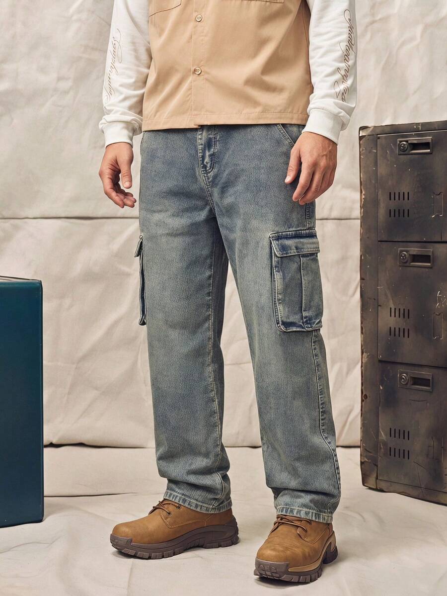 Norleigh Men's Casual Washed Cargo Denim Pants - Blue - View 1