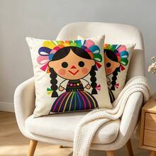 1pc Mexican Girl Character Pillow Case, Vibrant Striped Cartoon Design, Fun Style Home Decor, Double-Sided Print, Perfect For Decorating Your Home, Suitable For Bedroom, Living Room, Sofa, Bed, Car, Party And Various Scenes (Pillow Insert Not Included) - Multicolor - View 8