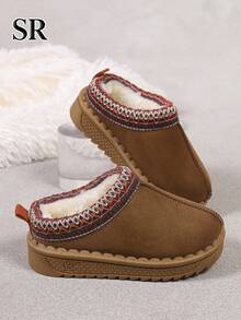 1 Pair Children's Winter Thick Warm Home Slippers, Embroidered Fashion Slippers, Daily Home Versatile Casual Shoes - Brown - View 7
