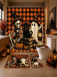 1/4pcs Halloween Funny Skeleton Ghost Black Cat Shower Curtain Set, With 12 Hooks Waterproof Polyester Bath Curtain, Bathroom Curtain, Privacy, Thickened, Durable Quick Dry, 180*180cm Size, Halloween Thanksgiving Autumn Harvest Bathroom Decor - A - View 19