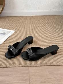 1 Pair Women's Black Buckle Low Chunky Heel Sandals, Elegant Commuter Style, Fashionable Versatile High Heel Sandals - Black - View 8