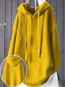 Plus Size Women Hooded Cable Knit Sweater, Yellow Drawstring Long Sleeve Loose Fall Outfit - Turmeric - View 3