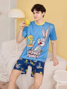 Noctvar OBM Sleepwear X LOONEY TUNES LOONEYTUNES Cartoon All-Over Print Men's Loungewear Light Blue Striped Short Sleeve & Shorts 2 Pieces Set - Multicolor - View 4