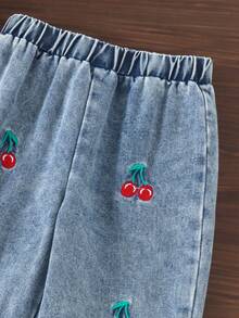 2pcs Baby Girl Sweet Cute Cherry Embroidery Flutter Sleeve Round Neck Top & Matching Embroidery Elastic Waist Denim Long Pants Set, Spring/Autumn - Red - View 6