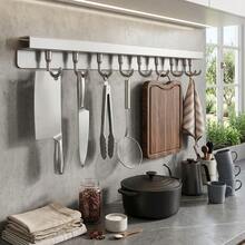 Wall-Mounted Kitchen Utensil Rack With Removable Hooks, Space-Saving Aluminum Kitchen Hanging Bar, Suitable For Cooking Utensils, Spatulas, Spoons, Towels And Cutting Boards, No-Drill Utensil Hook Storage Rack - Grey - View 2