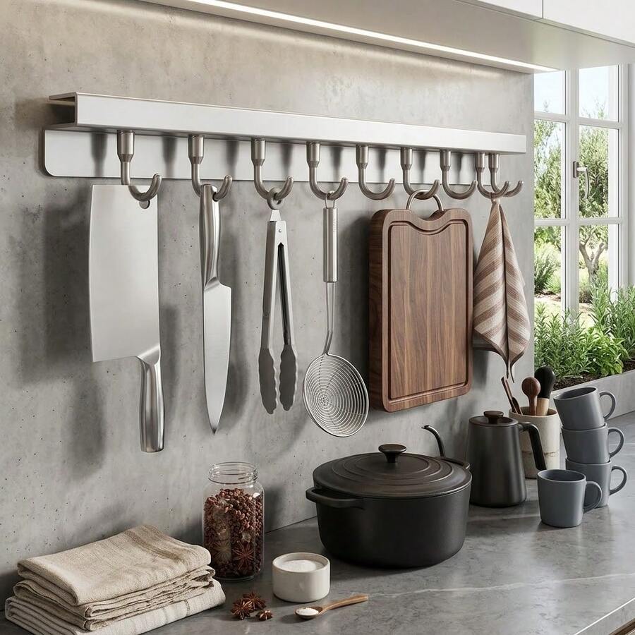 Wall-Mounted Kitchen Utensil Rack With Removable Hooks, Space-Saving Aluminum Kitchen Hanging Bar, Suitable For Cooking Utensils, Spatulas, Spoons, Towels And Cutting Boards, No-Drill Utensil Hook Storage Rack