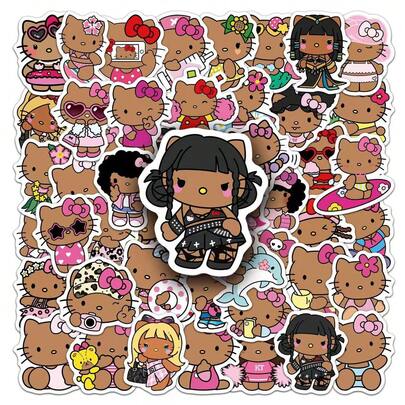 Pegatinas decorativas de Sanrio con patrón de gato KT de piel negra, pegatinas de vinilo ligeras e impermeables, fáciles de despegar, adecuadas para portátiles, botellas de agua, patinetas, equipaje, fundas de teléfono, álbumes de recortes y otras escenas, regalos de papelería lindos, pegatinas de anime, decoración de habitación linda DIY serie de pegatinas hechas a mano, regalos de vuelta a la escuela y pequeños regalos para fiestas de Halloween y Navidad