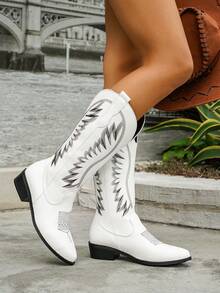 Women's Classic Black Leather Western Cowboy Boots With Silver Embroidery Pointed Toe Low Heel - White - View 6