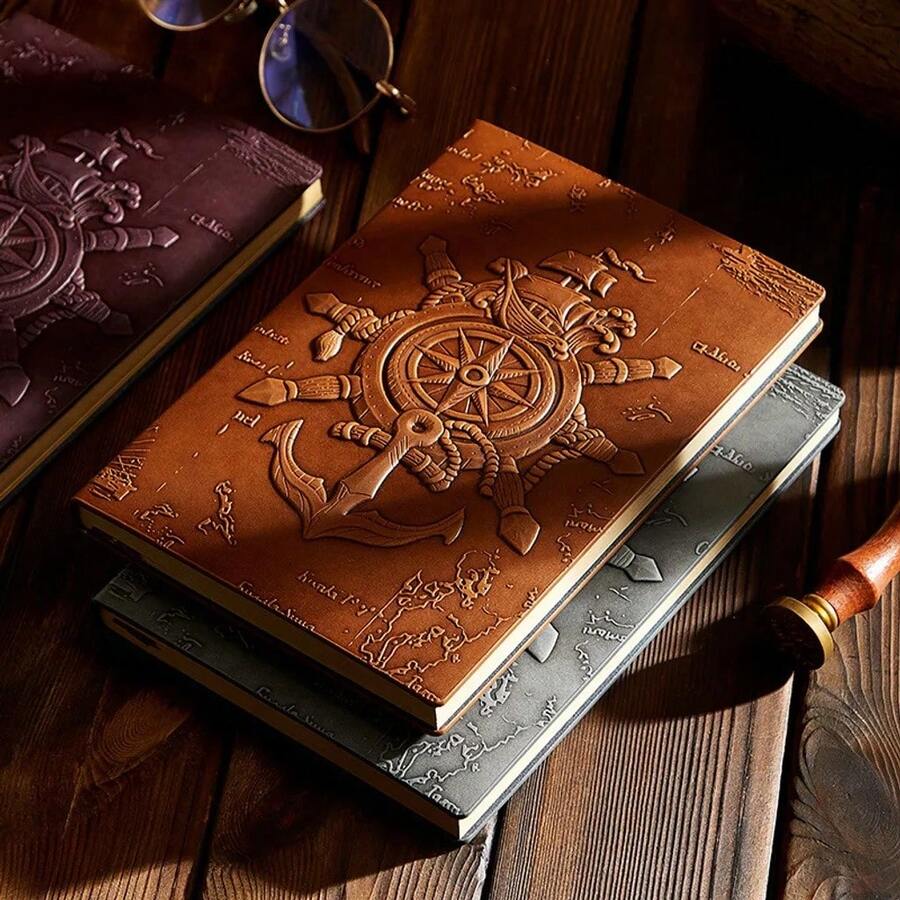 1pc LiVash Vintage PU Leather 3D Embossed Nautical Notebook - 160 Pages A5 8.3x5.6 Inches - Diary And Writing Journal, Unisex - Multicolor - View 1