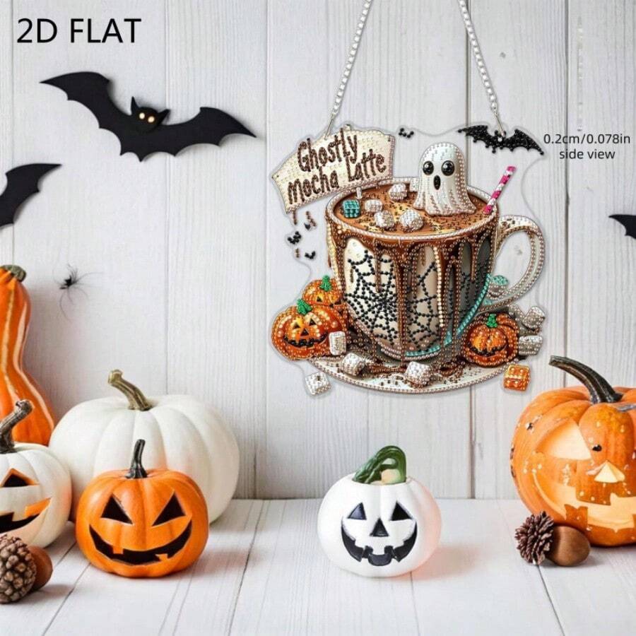 Halloween Coffee Hanging Decor Set, Spooky Latte Style, Suitable For All Ages, Sun Catcher Hanging Ornament, Window And Wall Decoration, Handmade Activity, For Latte Themed Decor - A - View 1