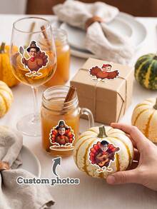 10/20/40pcs Custom Photo Thanksgiving Turkey Sticker, Personalized Kid Turkey Decal For Mugs Cups Gift Bags Party Favor Autumn Holiday Decoration - Multicolor - View 1