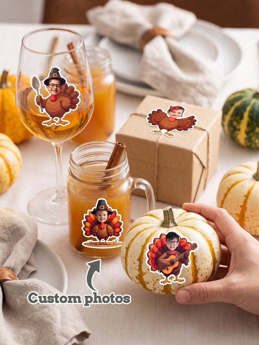 10/20/40pcs Custom Photo Thanksgiving Turkey Sticker, Personalized Kid Turkey Decal For Mugs Cups Gift Bags Party Favor Autumn Holiday Decoration - Multicolor - View 1