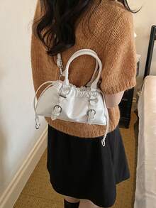 Solid Color Glossy One Shoulder Bag, Ruched Drawstring Design, Short Hand Strap, Detachable Crossbody Strap, Flexible Switch Between Handheld And Crossbody Modes, Ample Interior Space, Can Store Phone, Lipstick, Powder, Earphones And Other Daily Essentials, Suitable For Daily Shopping, Commuting, Work, Dating And Travel - White - View 5