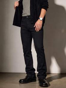 Men Solid Black Slim‑Fit Flare Jeans Frayed Raw Hem Stretch Denim Pants Y2K Streetwear Daily Wear - Black - View 2