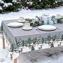 Winter Forest Reindeer Christmas Party Tablecloth, Cedar Tree & Snowman Print Rectangular Tablecloth, Suitable For Christmas Party Tabletop Decoration - A - View 1
