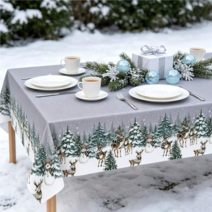 Winter Forest Reindeer Christmas Party Tablecloth, Cedar Tree & Snowman Print Rectangular Tablecloth, Suitable For Christmas Party Tabletop Decoration - A - View 1