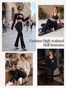 Women's Seamless Letter Split Hem Side Split Hem Workout Yoga Gymnastics Outdoor Leggings Flared Pants - Black - View 10