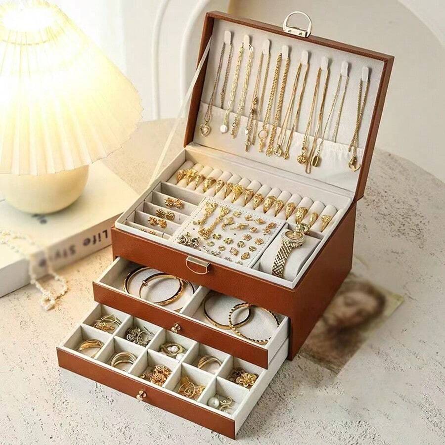 1pc Luxury Jewelry Storage Box With Transparent Lid, Double-Layer Drawer Jewelry Organizer, PU Leather Dust-Proof Display Box, Can Store Rings, Earrings, Necklaces, Bracelets, Perfect Gift For Women - View 1