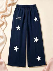 Women's Star Print Drawstring Pocket Sweatpants, Casual Loungewear Pants, Suitable For Running, Cycling, Fitness, Travel, All-Season Loose Fit - Navy Blue - View 5