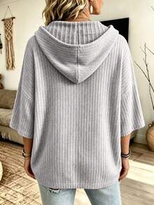 Plus Size Women's Ribbed Hooded Sweatshirt, Batwing 3/4 Sleeve, Drawstring Design, Textured Casual Top, Suitable For Autumn And Daily Wear, Comfortable And Warm - Light Grey - View 3