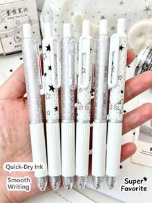 4pcs Star & Polka Dot Retractable Gel Pen Set, INS Style Silver White Ribbon Print Cute Black Ink Pens, 0.5mm Quick-Dry Smooth Writing Signing Pens, Cute Stationery For Students, Back To School Gift, Back To School Essential - Multicolor - View 5
