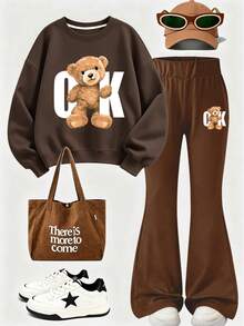 2pcs/Set Girls' Round Neck Sweatshirt & Flared Pants Outfit, Brown Bear Print Round Neck Sweatshirt + Flared Pants Set, Suitable For Autumn/Winter Daily Wear - Multicolor - View 2