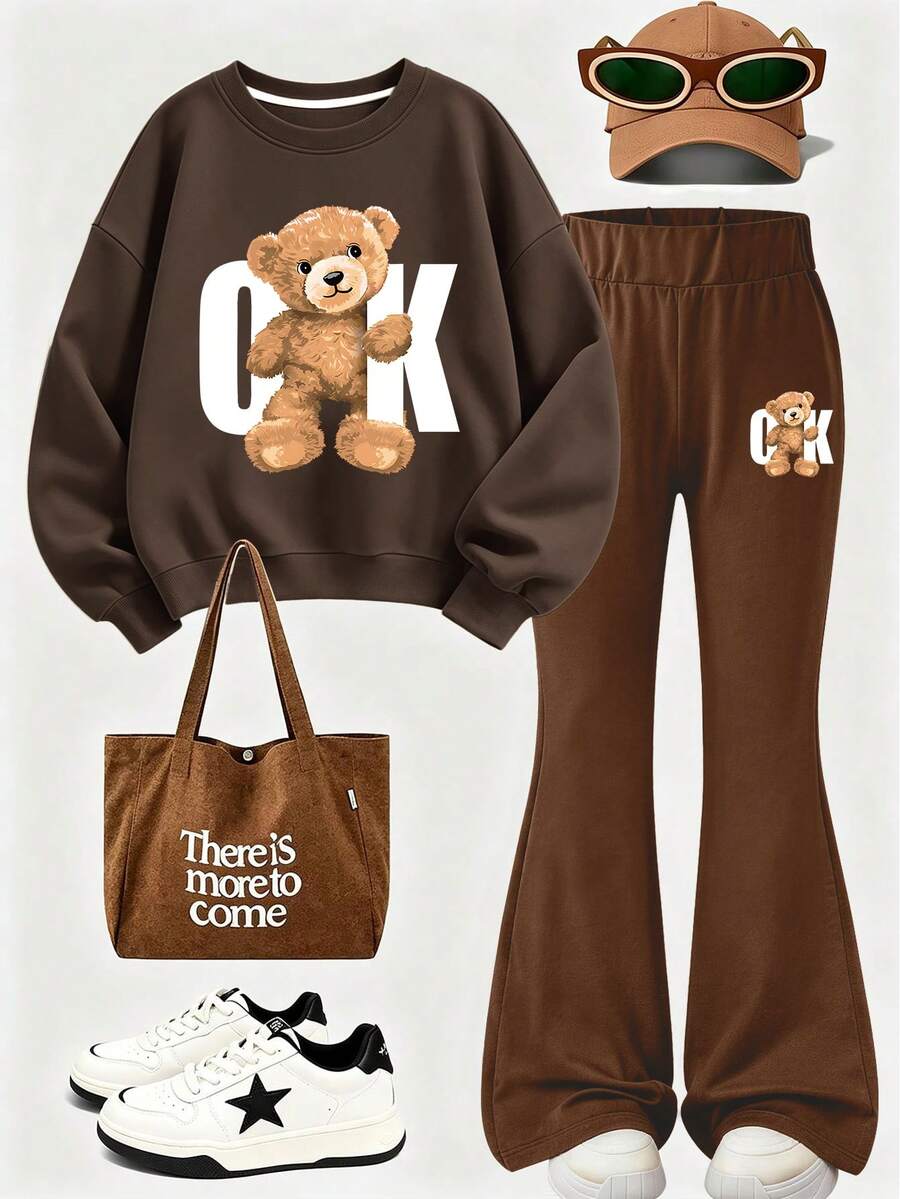 2pcs/Set Girls' Round Neck Sweatshirt & Flared Pants Outfit, Brown Bear Print Round Neck Sweatshirt + Flared Pants Set, Suitable For Autumn/Winter Daily Wear - Multicolor - View 1