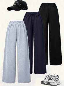 3 Packs Young Boys Slogan Print Casual Wide-Leg Pants, Loose Wide-Leg Design, Soft And Comfortable, Suitable For Daily Wear - Multicolor - View 2