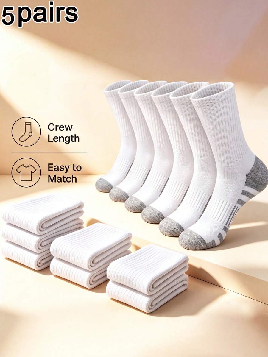 5 Pairs Unisex Comfortable Breathable Mid-Calf Sports Socks, Basic Athletic Style, Suitable For Commuting, Travel, Multi-Scenario Sports And Gifting