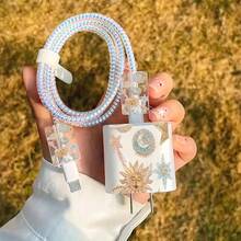 5pcs 2D Flat Design Embroidered Sun Phone Charger Protection Set, Charger Head Cover + Cable Protector + Storage Rope + Data Cable Protection Wrap Rope, Suitable For IPhone 20W/18W Charger - Multicolor - View 4