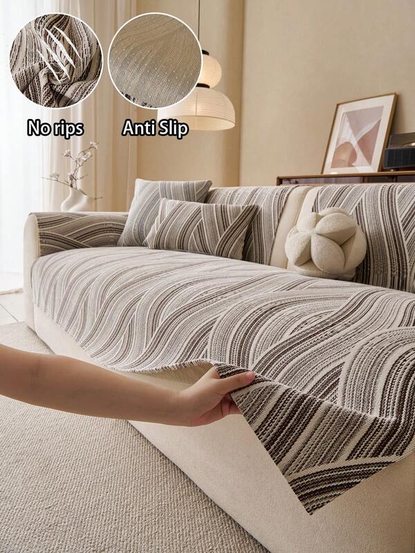 1 pieza Cojín de sofá de punto jacquard con textura de rayas diagonales onduladas y degradado, estilo moderno minimalista vintage de lujo, protector de sofá de tela transpirable suave y amigable con la piel, resistente a desgarros, arañazos, antideslizante, resistente a arañazos de gatos, resistente al desgaste, a prueba de polvo, lavable a máquina, lavable con agua, sin encogerse ni deformarse, cobertura completa versátil para todas las estaciones, adecuado para sofá , sofá en forma de L, chaise longue, sofá curvo, sala de estar, dormitorio, casa de alquiler, B&B, apartamento, decoración suave y renovación, múltiples colores y tamaños disponibles, funda de sofá, funda de sillón