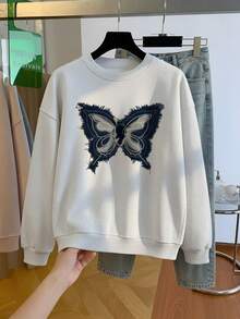 Niche Premium Distressed Butterfly Print Crew Neck Sweatshirt, Denim Style Frayed Edge Texture, Lazy Dropped Shoulder Long Sleeve Autumn Top - Off-white - View 1