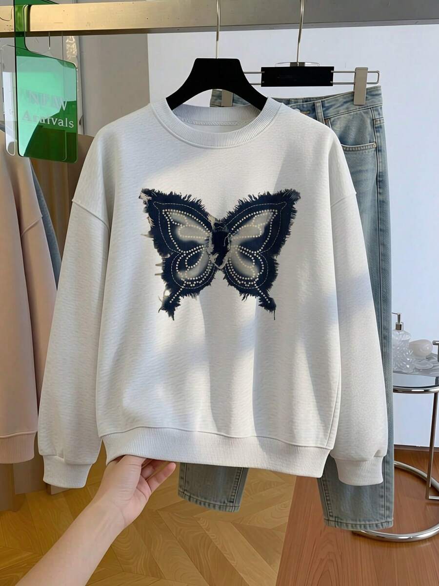 Niche Premium Distressed Butterfly Print Crew Neck Sweatshirt, Denim Style Frayed Edge Texture, Lazy Dropped Shoulder Long Sleeve Autumn Top - Off-white - View 1