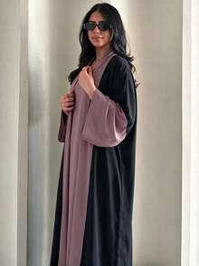 Contrast Color Open Front Abaya Set With Matching Hijab, Flare Sleeve Elegant Muslim Long Robe, Dubai Style Islamic Outfit - Multicolor - View 4