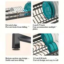 2-Tier Sink Dish Drying Rack, Black Metal Kitchen Sink Organizer With Knife Holder, Utensil Basket And Hooks, Multi-Functional Cookware Storage Rack With Knife Slot, Utensil Rack And Hooks, Suitable For Plates - Black - View 9