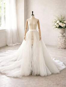 1pc Ivory 5-Layer Detachable Tulle Wedding Overskirt, Long Train Slit Mesh Skirt, Suitable For Outdoor Wedding, Bridal Photography, Ball And Fairy Cosplay Accessory - White - View 3