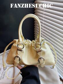 Solid Color Glossy Leather Shoulder Bag, Ruched Drawstring Design, Short Top Handle And Detachable Crossbody Strap, Flexible Switching Between Handheld And Crossbody, Ample Interior Space To Store Phone, Lipstick, Powder, Earphones And Other Daily Essentials, Suitable For Daily Shopping, Commuting, Work, Dating And Travel - Yellow - View 8