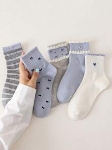 1/5 Pairs Women's Bowknot Ruffle Edge Short Socks, Cotton Socks, Soft & Breathable, Personalized, Preppy Style, Suitable For Home, Commute, Holiday Gifts - Multicolor - View 3