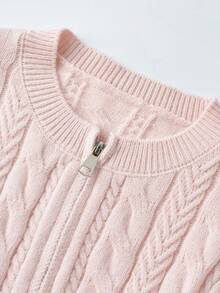 Pink Zipper Cardigan Sweater Jacket Women's Spring Round Neck Short Open Front Inner Layer Top - Pink - View 4