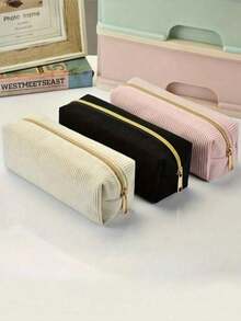 1pc/5pcs Minimalist Corduroy Pencil Case, Solid Color Soft Large Capacity Stationery Storage Bag, Smooth Gold Zipper, Can Store Pencils And Erasers, Suitable For Students' Daily Learning, Desktop Storage, Back To School Essential Stationery - A - View 2