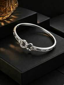 1pc Double Heart Intertwined Hollow Square Rhinestone Studded Round Ring Design Niche Gentle Versatile Elegant Decorative Bracelet - Bracelet - View 3