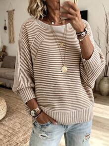 Women's Plus Size Striped Knit Pullover Sweater, Ribbed Knit Detail, Long Sleeve Loose Fit Top, Suitable For Autumn And Bohemian Style - Khaki - View 1