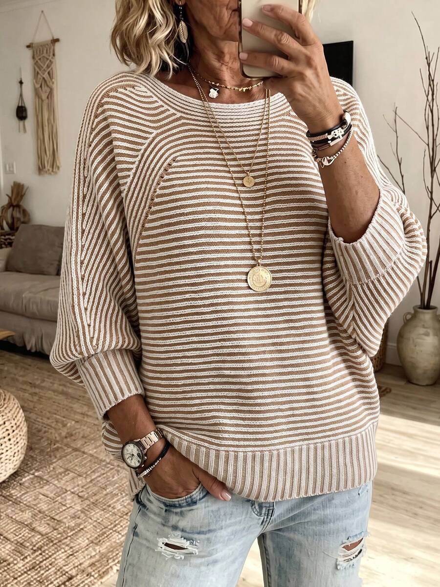 Women's Plus Size Striped Knit Pullover Sweater, Ribbed Knit Detail, Long Sleeve Loose Fit Top, Suitable For Autumn And Bohemian Style - Khaki - View 1